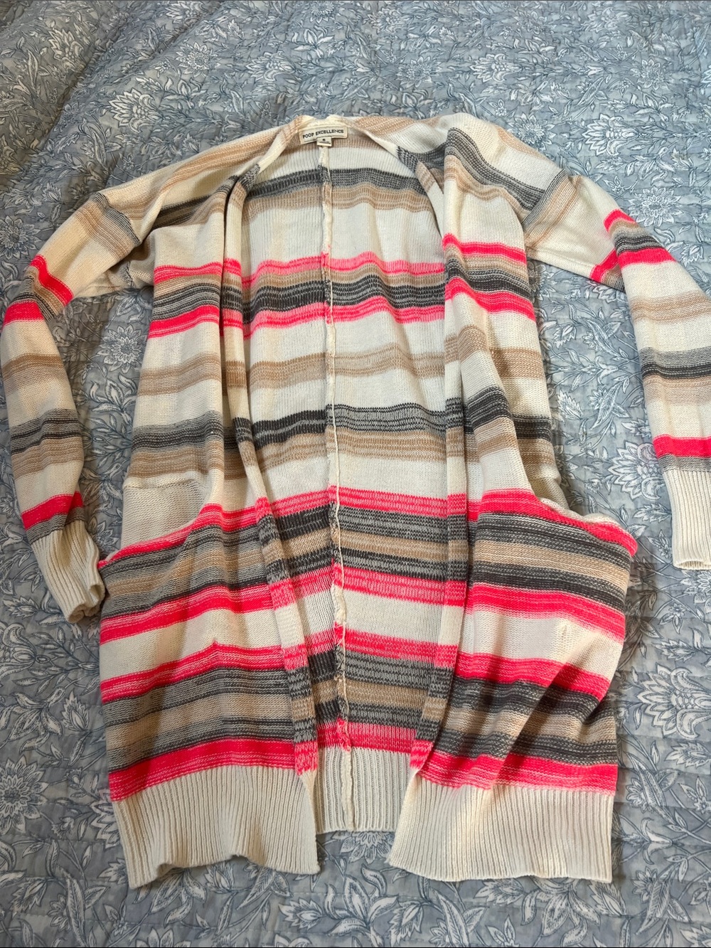 Poof Excellence Striped Open-Front Cardigan in Cream, Gray & Pink beachy s